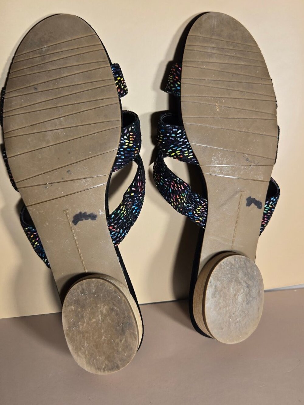 VAN ELi Black Multicolor Speckled Strappy Slide Sandals Heel Size 10 - Picture 4 of 5